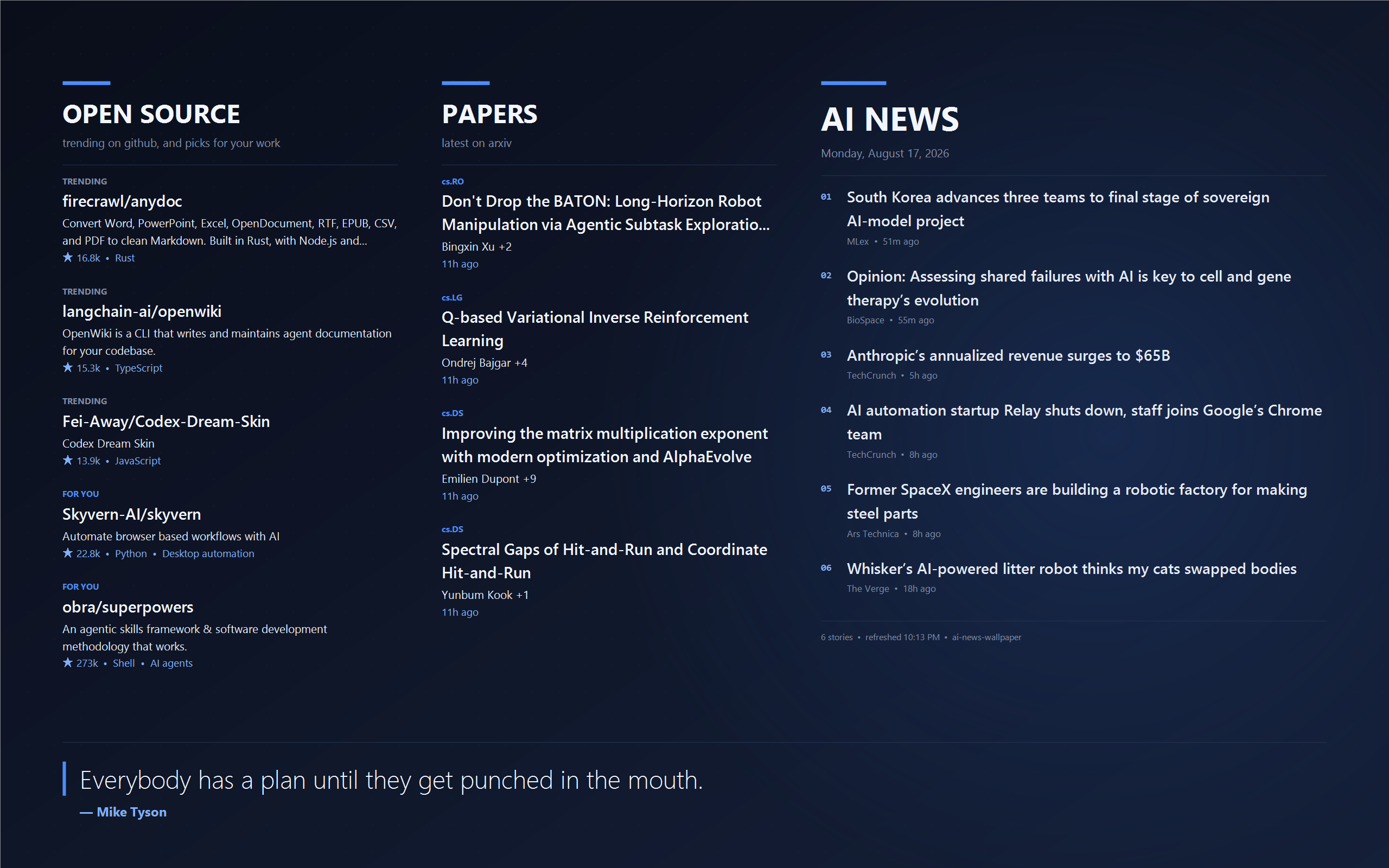 A dark desktop wallpaper laid out in three columns: open-source repos, AI news headlines, and a motivational quote across the bottom.